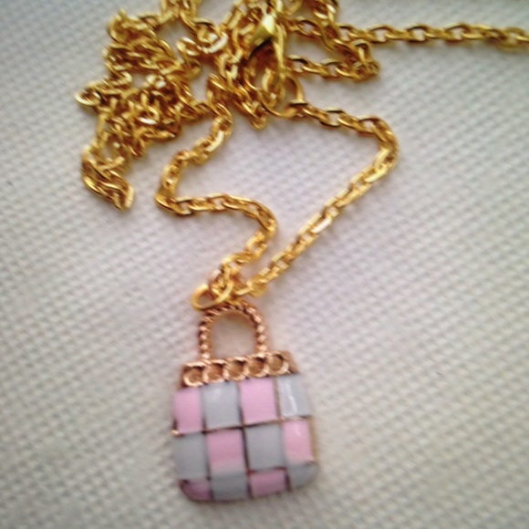 Pink Plaid Enamel Purse Necklace and Earrings Set - Picture 2 of 6